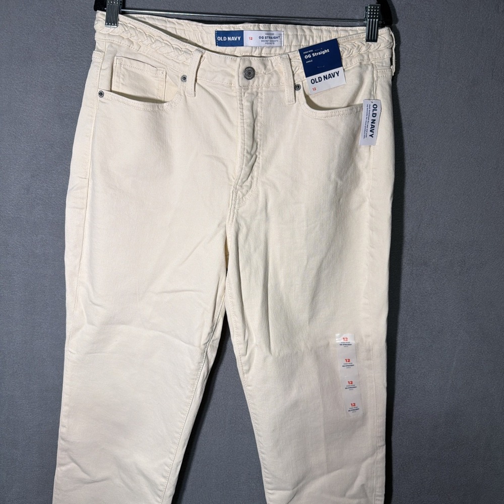 NWT Old Navy Women's 12 High-Rise OG Straight Ankle Ecru Denim Braided Waist